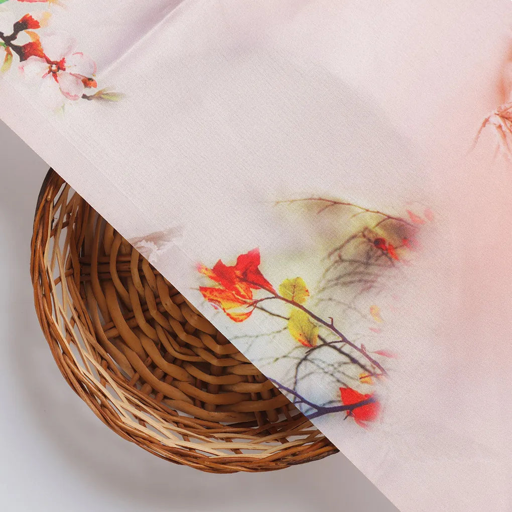 Antique Coral Colour Background With Autumn Buds Digital Printed Fabric - Japan Satin – js 0 ta09563p1 110 d