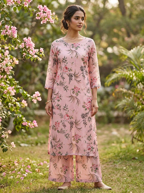 Pink Delicate Botanical Floral Kota Doria Digital Printed Fabric - Straight Kurta with Palazzo Lookbook - KD-0-AA118-110 - alternate view