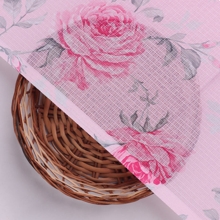 Pink Rose Allover Digital Printed Fabric - Kota Doria