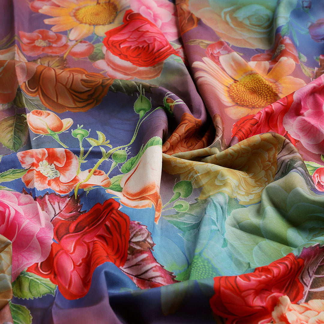 Huge Realistic Flowers Digital Printed Fabric  - Kora Silk