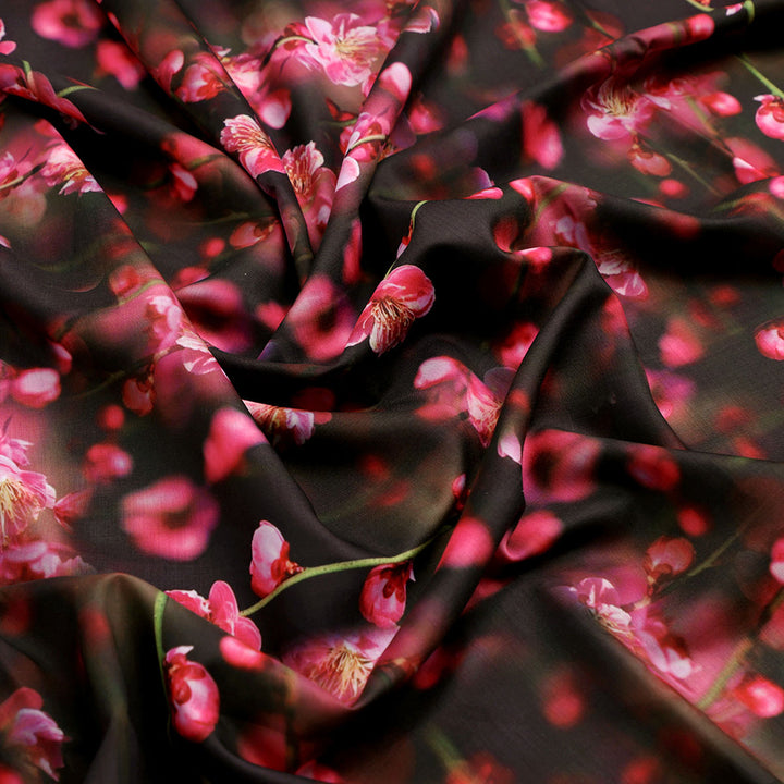 Tiny Pink Chintz Branch Digital Printed Fabric - Kora Silk
