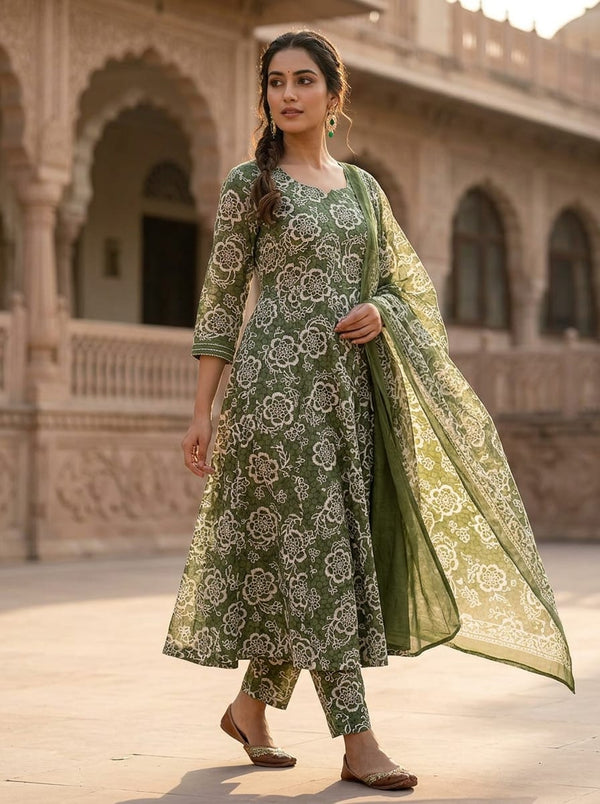 Olive Lacy Floral Jaal Muslin Digital Printed Fabric - A-Line Kurta with Salwar Lookbook - MU-0-MA011038-114 - alternate view