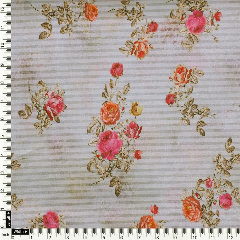 Peony Floral Strips Orange With Red Digital Printed Fabric - Poly Muslin – mu 0 ma012282 110 a