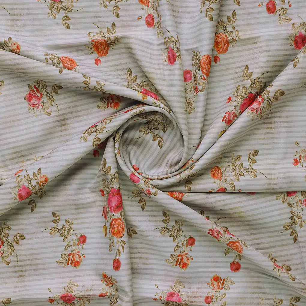 Peony Floral Strips Orange With Red Digital Printed Fabric - Poly Muslin – mu 0 ma012282 110 b