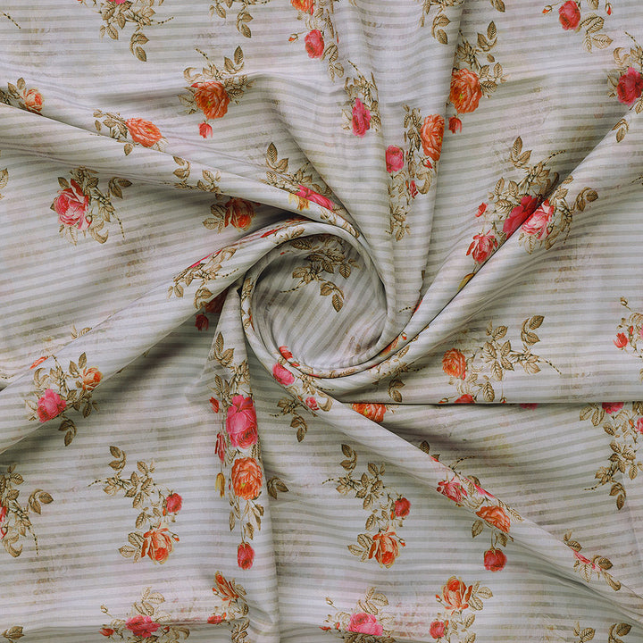 Peony Floral Strips Orange With Red Digital Printed Fabric - Poly Muslin