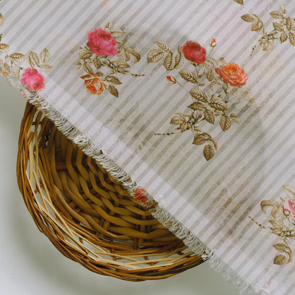 Peony Floral Strips Orange With Red Digital Printed Fabric - Poly Muslin – mu 0 ma012282 110 d