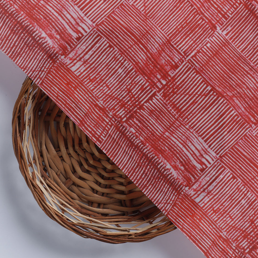 Checkes Textured Red And White Digital Printed Fabric - Muslin