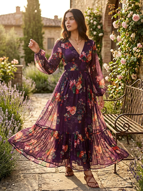 Purple Vintage Floral Bouquet Muslin Digital Printed Fabric - Flowy Maxi Dress Lookbook - MU-0-MA023695-114 - alternate view