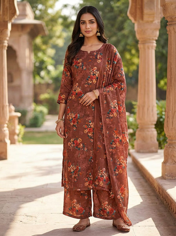 Maroon Vintage Rose Floral Muslin Digital Printed Fabric - Straight Kurta with Palazzo Lookbook - MU-0-MA023696-114 - alternate view