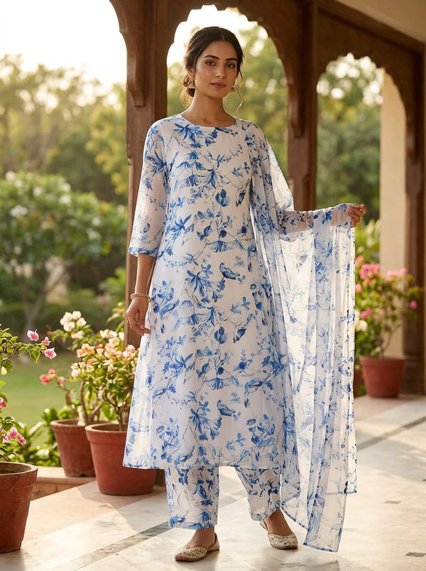 Blue Chinoiserie Birds and Florals Muslin Digital Printed Fabric - A-Line Kurta with Salwar Lookbook - MU-0-TA0325-114 - alternate view