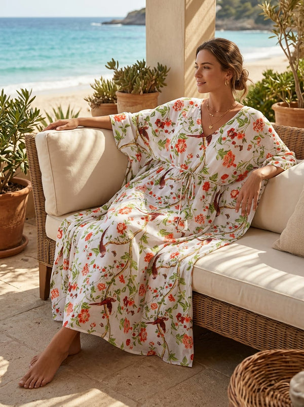 Multicolor Chinoiserie Bird and Floral Vine Muslin Digital Printed Fabric - Kaftan Lookbook - MU-0-TA0326-114 - alternate view