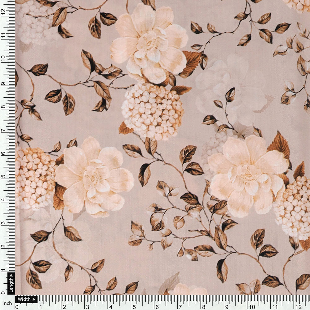 Grayish Orange Roses With Brown Valley Digital Printed Fabric - Muslin