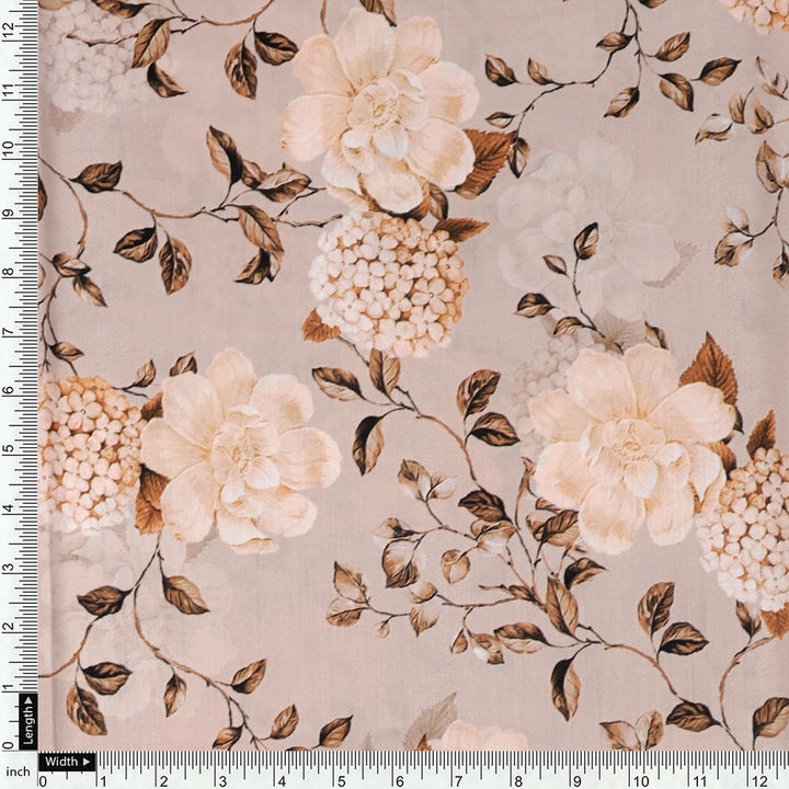 Grayish Orange Roses With Brown Valley Digital Printed Fabric - Muslin