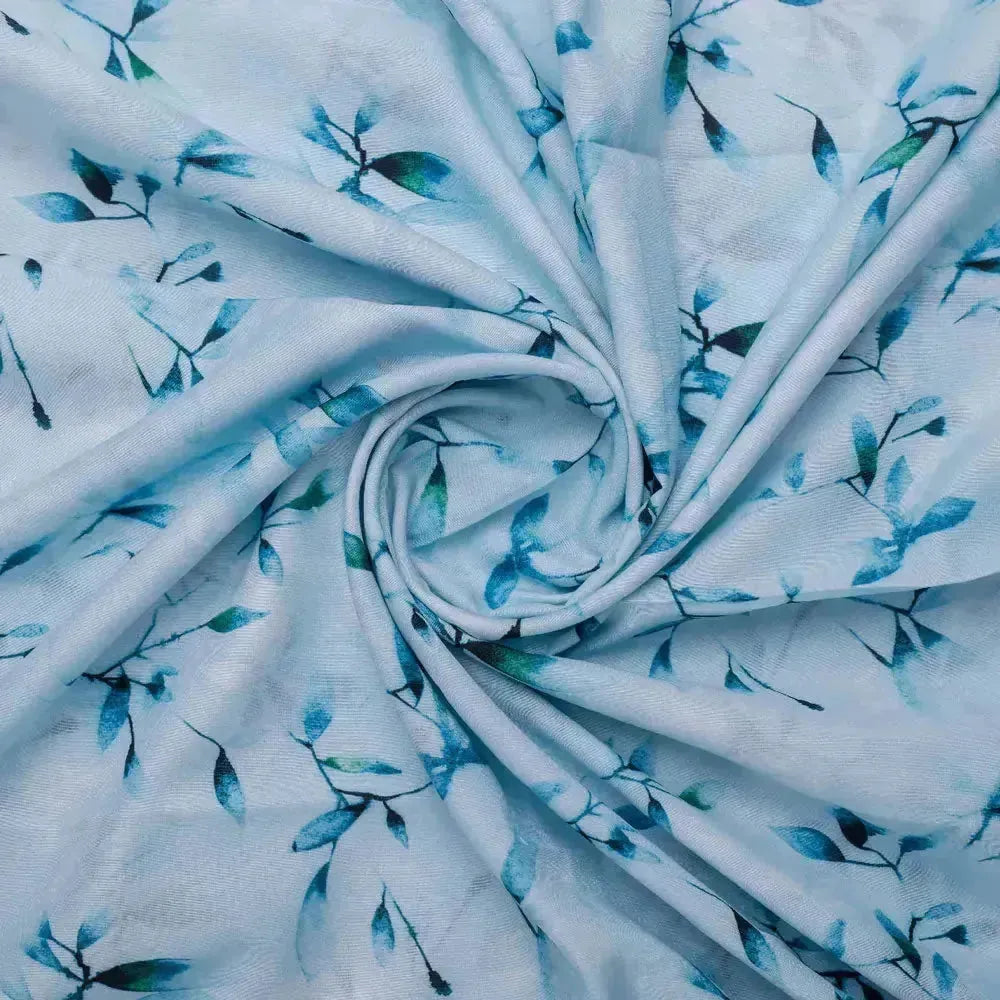 Bluish Thin And Light Leaves Digital Printed Fabric - Muslin – mu 0 ta05861p5 110 a