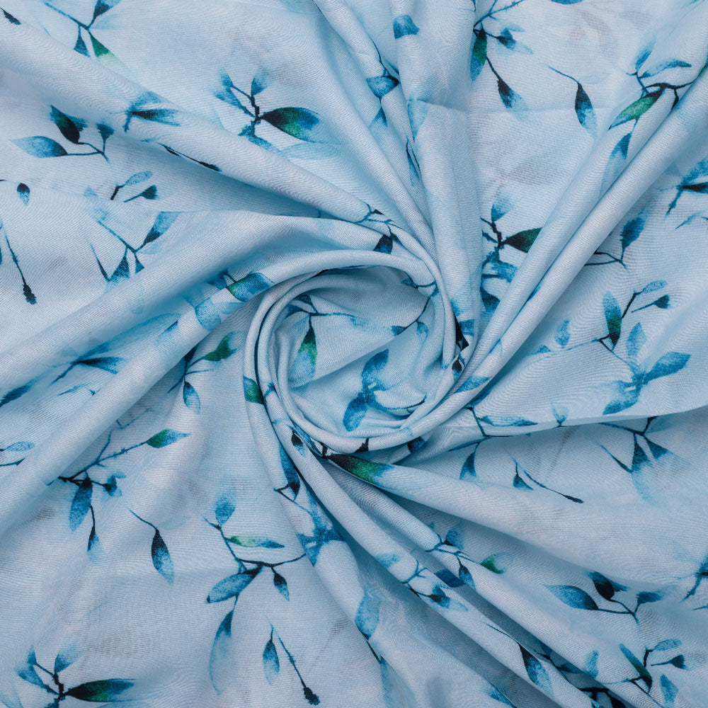 Bluish Thin And Light Leaves Digital Printed Fabric - Muslin