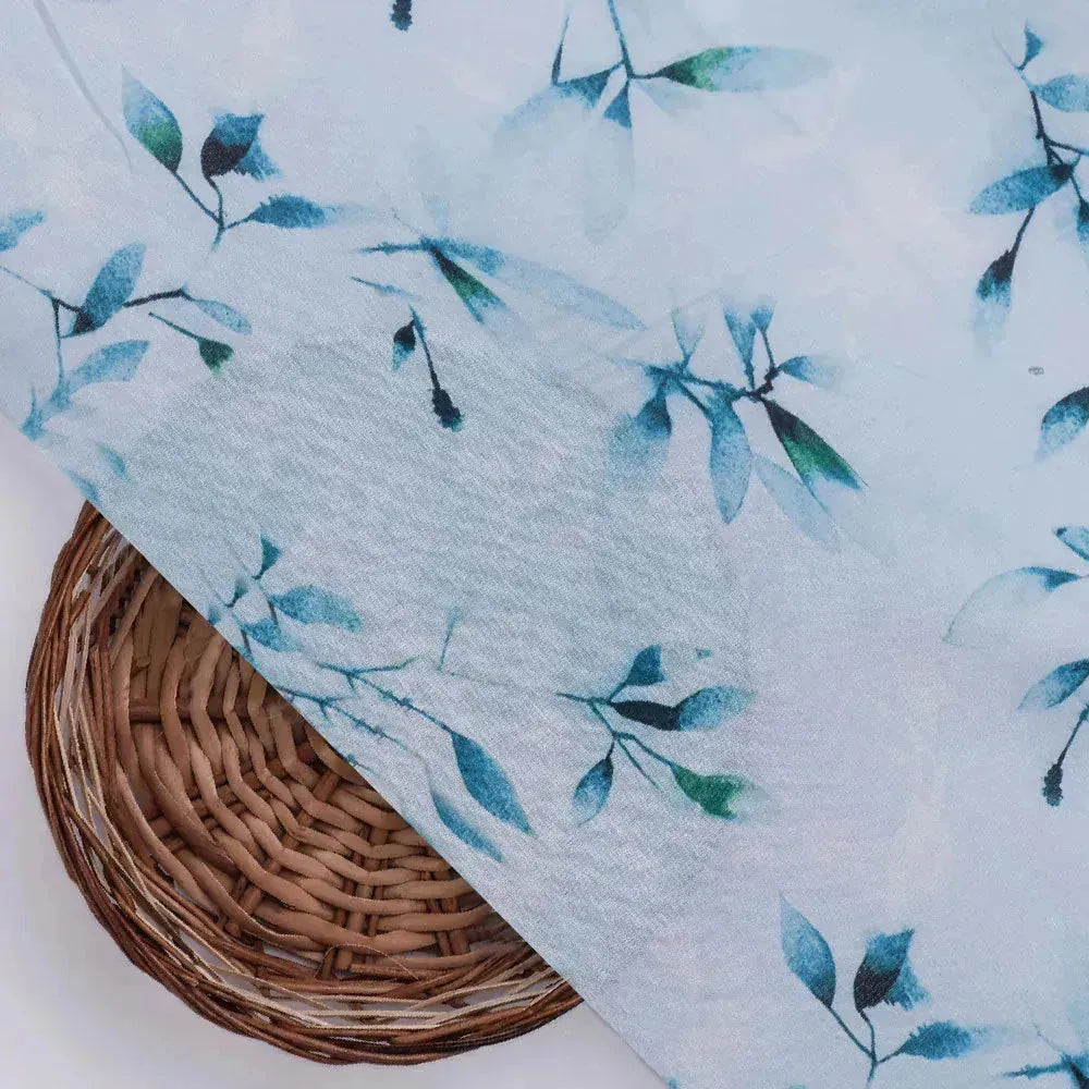 Bluish Thin And Light Leaves Digital Printed Fabric - Muslin – mu 0 ta05861p5 110 b