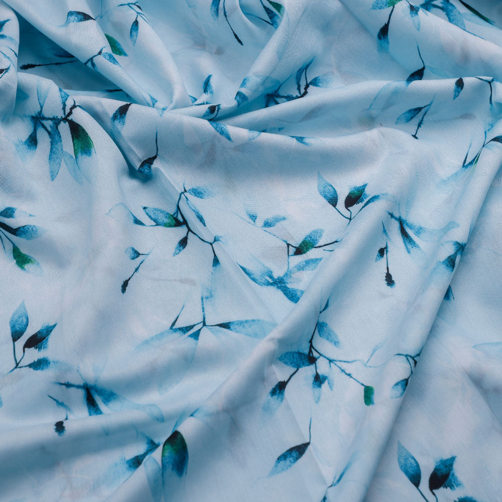 Bluish Thin And Light Leaves Digital Printed Fabric - Muslin
