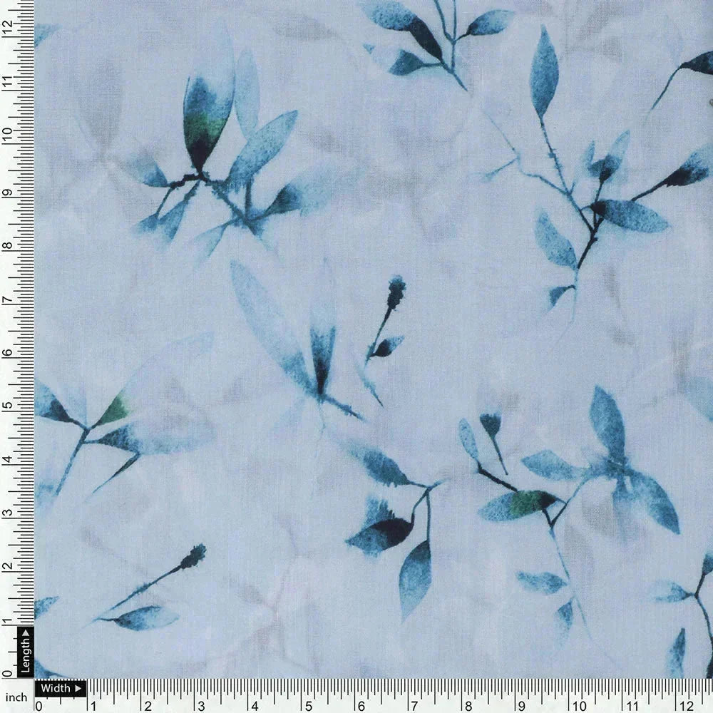 Bluish Thin And Light Leaves Digital Printed Fabric - Muslin – mu 0 ta05861p5 110 d
