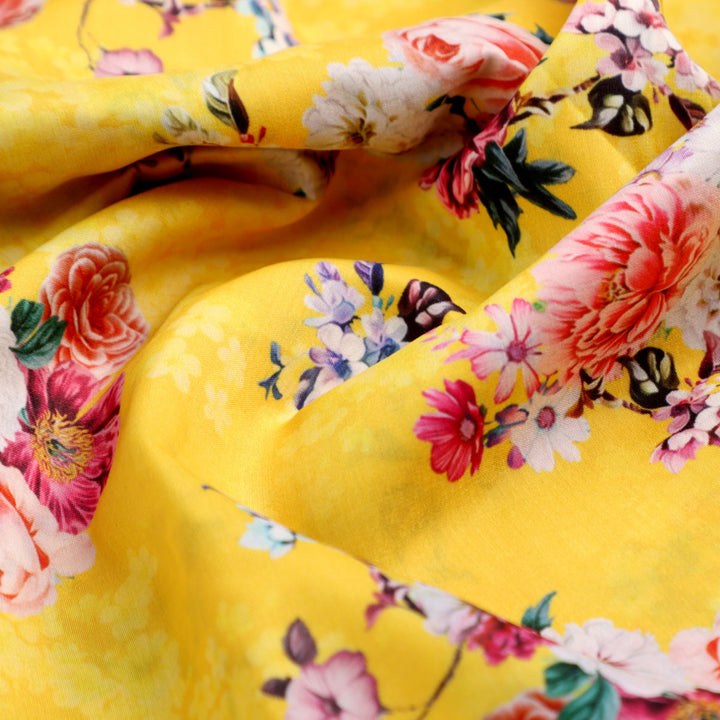 Beautiful Yellow Base Floral Bunch Digital Printed Fabric