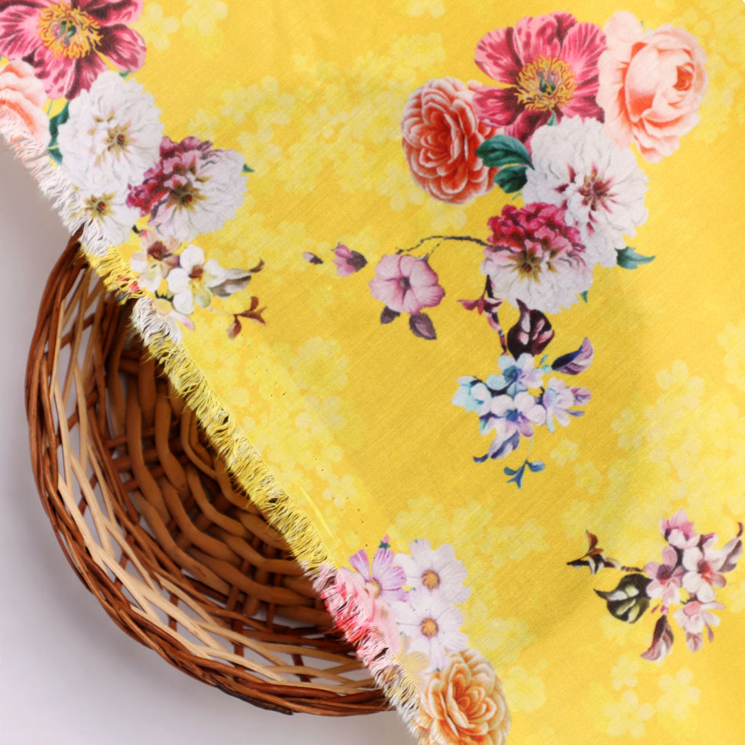 Beautiful Yellow Base Floral Bunch Digital Printed Fabric