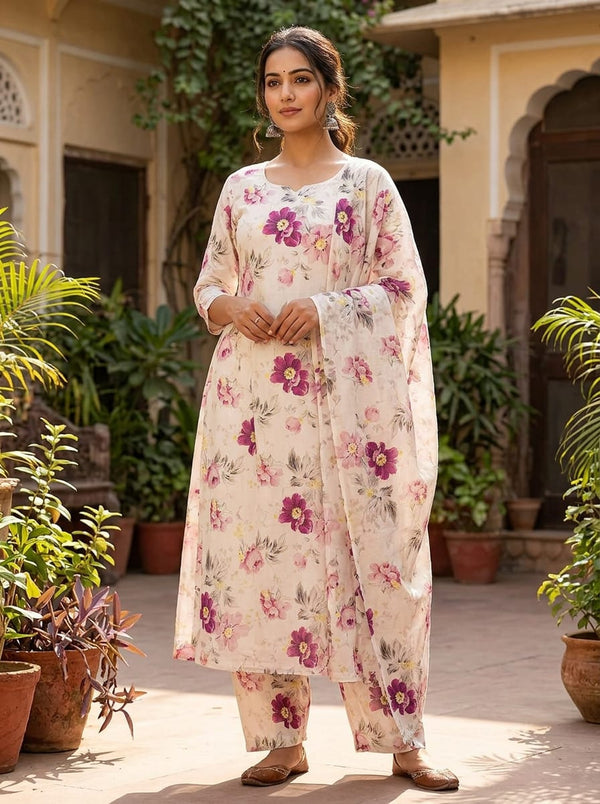 Multicolor Painterly Vintage Peony Floral Muslin Digital Printed Fabric - A-Line Kurta with Salwar Lookbook - MU-0-TA06820-110 - alternate view