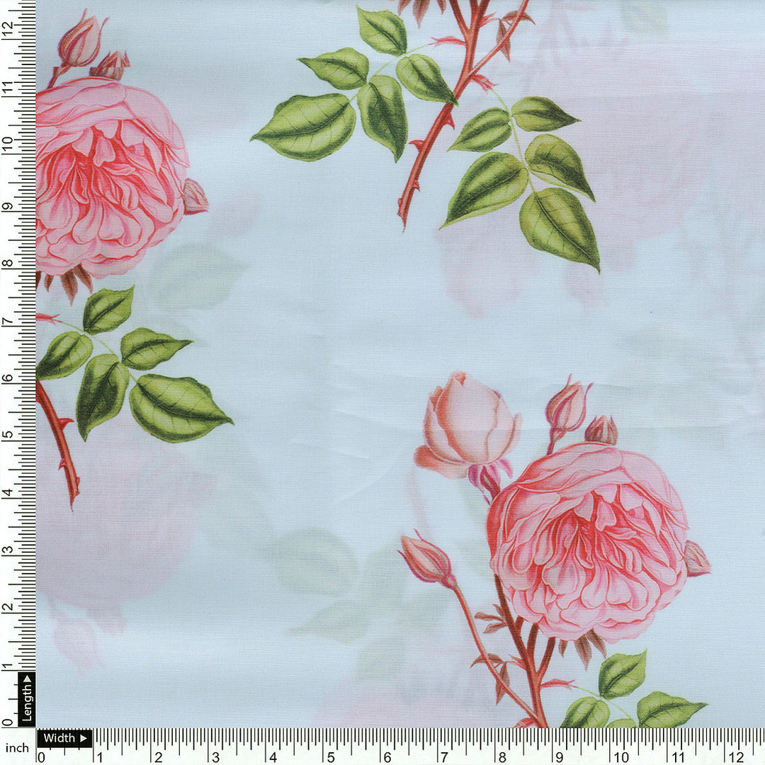 Red Rose Laying Over Sky Blue Digital Printed Fabric