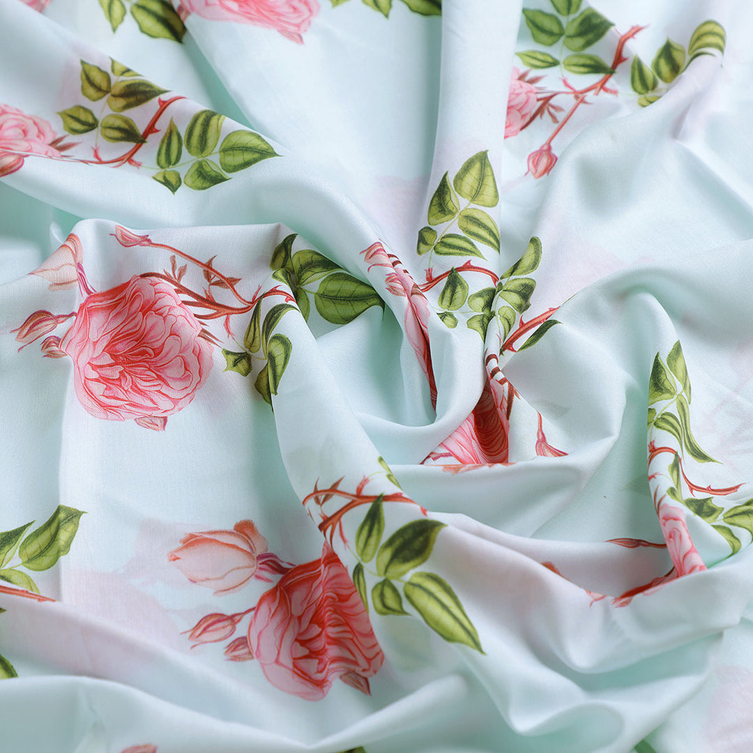 Red Rose Laying Over Sky Blue Digital Printed Fabric