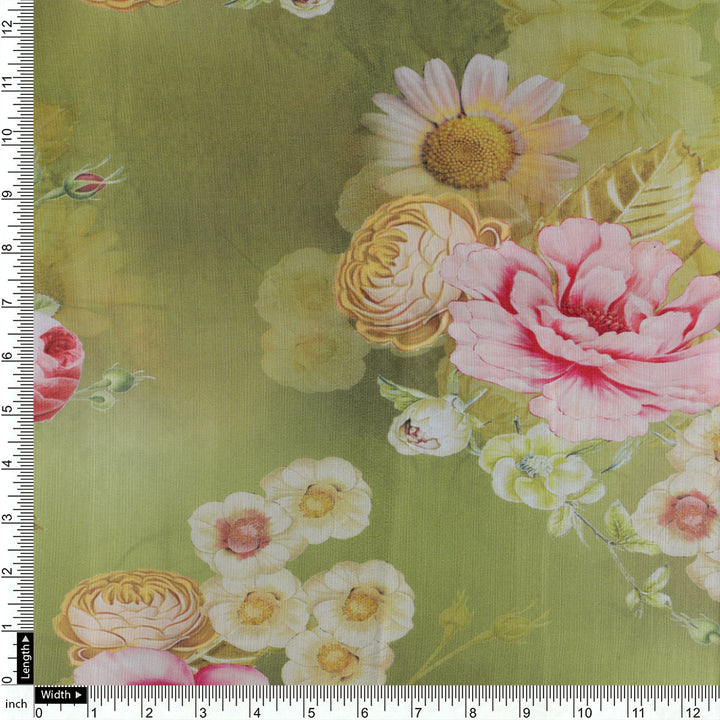 Pink Rose On Green Palate Digital Printed Fabric  - Muslin