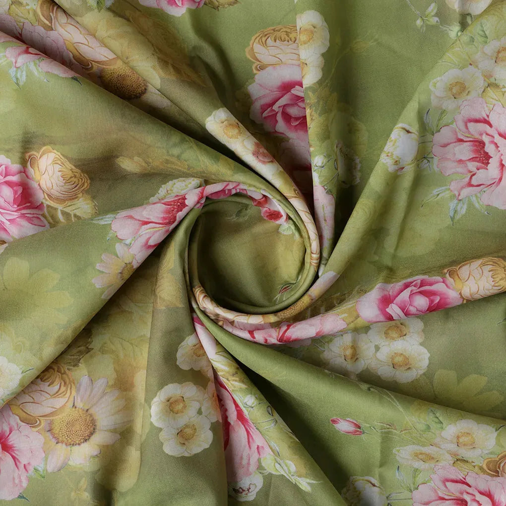 Pink Rose On Green Palate Digital Printed Fabric  - Muslin – mu 0 ta07237p4 110 b