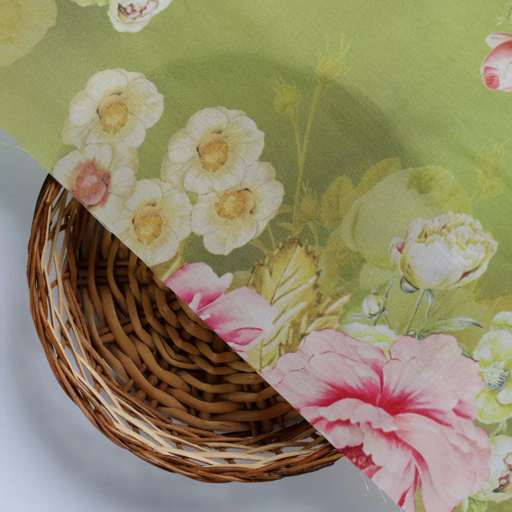 Pink Rose On Green Palate Digital Printed Fabric  - Muslin – mu 0 ta07237p4 110 d