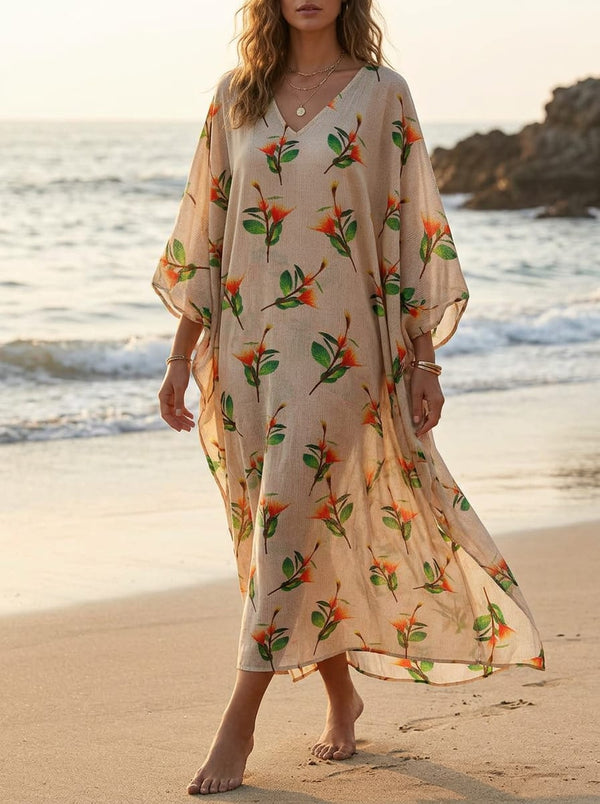 Cream Orange Botanical Flower Branch Muslin Digital Printed Fabric - Kaftan Lookbook - MU-0-TA0751-114 - alternate view