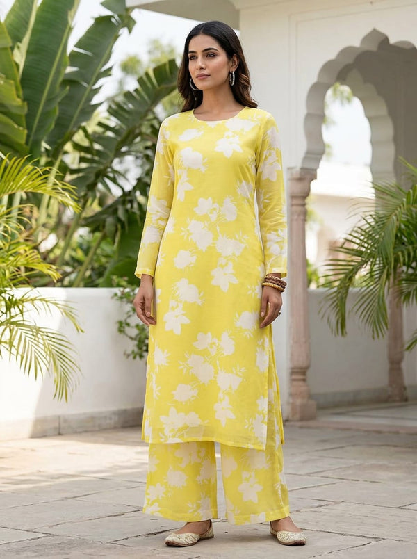Yellow and White Floral Silhouette Muslin Digital Printed Fabric - Straight Kurta with Palazzo Lookbook - MU-0-TA07592-114 - alternate view
