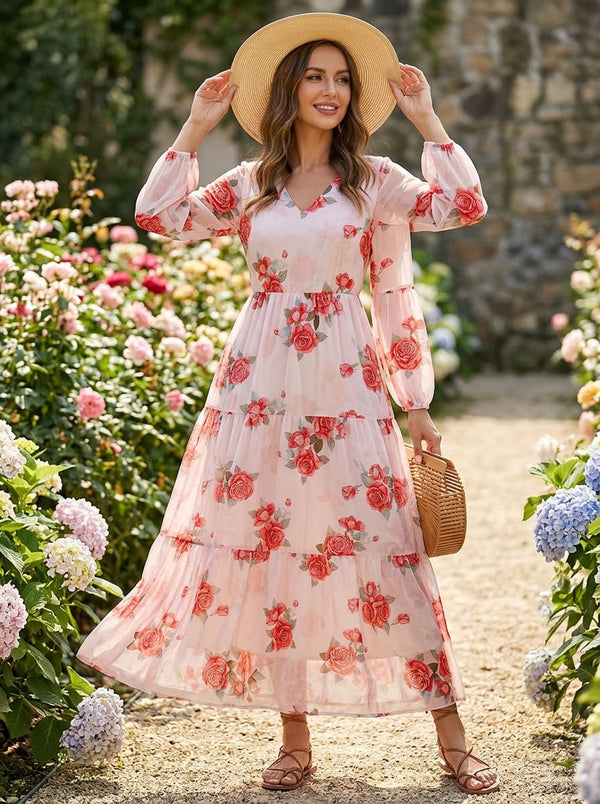 Red Watercolour Rose Floral Muslin Digital Printed Fabric - Flowy Maxi Dress Lookbook - MU-0-TA08599-114 - alternate view