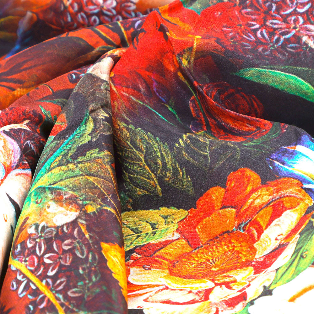 Gorgeous black and multicolor damask digital printed fabric