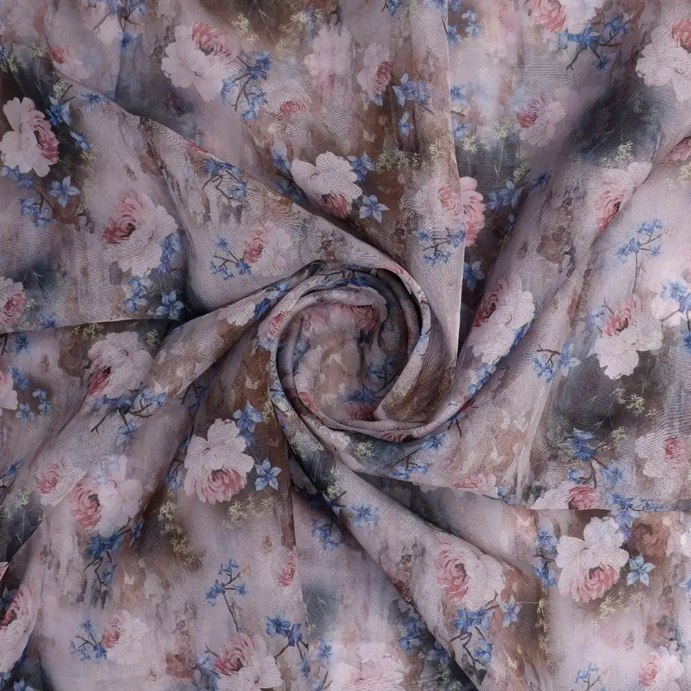 Classy and Attractive Brown Floral Digital Printed Organza Fabric – or 0 ta08309 110 a