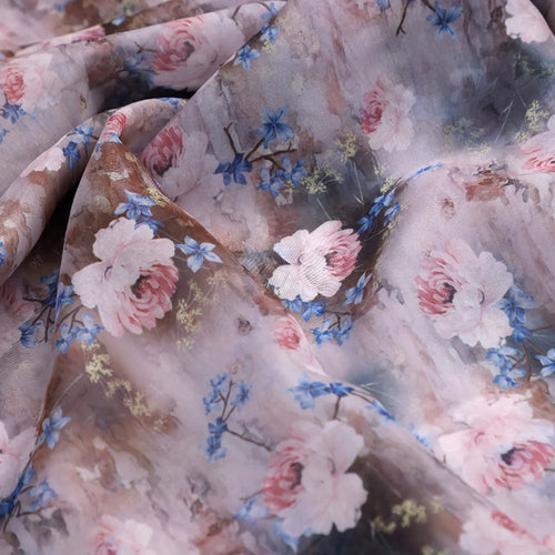 Classy and Attractive Brown Floral Digital Printed Organza Fabric – or 0 ta08309 110 c