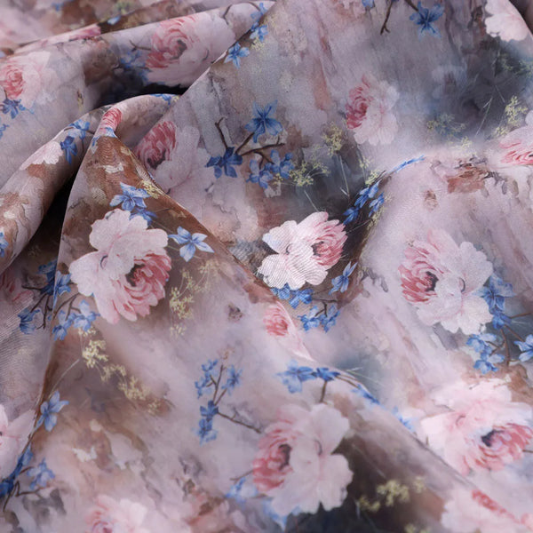 Classy and Attractive Brown Floral Digital Printed Organza Fabric – or 0 ta08309 110 c
