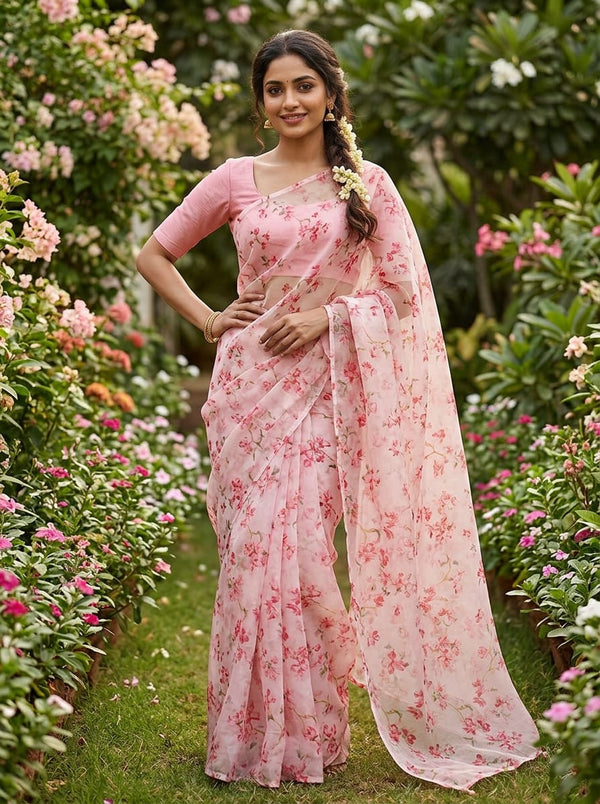 Pink Watercolour Cherry Blossom Floral Organza Digital Printed Fabric - Saree Lookbook - OR-0-MA015381-110 - alternate view