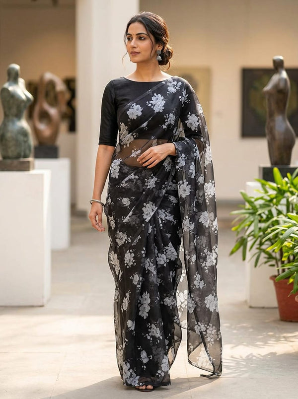 Black and White Vintage Rose Floral Organza Digital Printed Fabric - Saree Lookbook - OR-0-PA7124-110 - alternate view