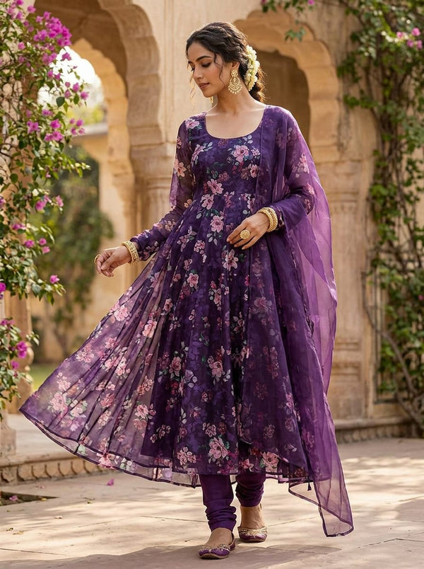 Purple and Pink Floral Garden Organza Digital Printed Fabric - Anarkali Kurta Set Lookbook - OR-0-PA7130-110 - alternate view