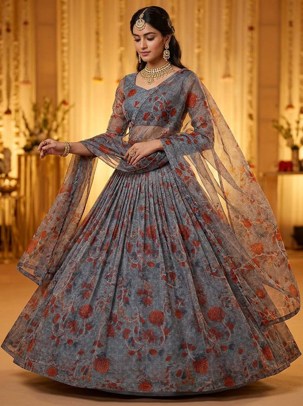 Grey Red Botanical Vine Print Organza Digital Printed Fabric - Lehenga Choli Lookbook - OR-0-TA0057-110 - alternate view