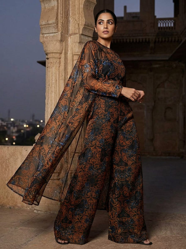 Orange Ethnic Damask and Floral Organza Digital Printed Fabric - Cape with Palazzo Lookbook - OR-0-TA0058-110 - alternate view