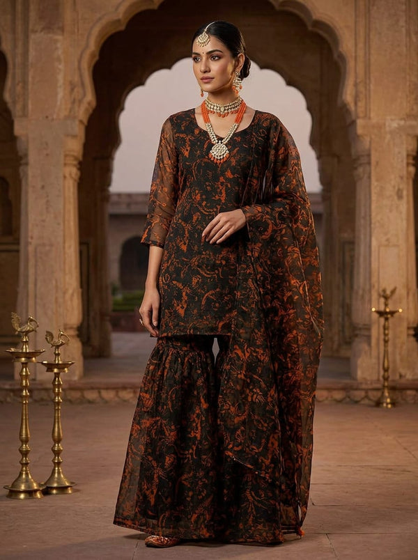 Black Orange Abstract Botanical Organza Digital Printed Fabric - Gharara Set Lookbook - OR-0-TA0059-110 - alternate view