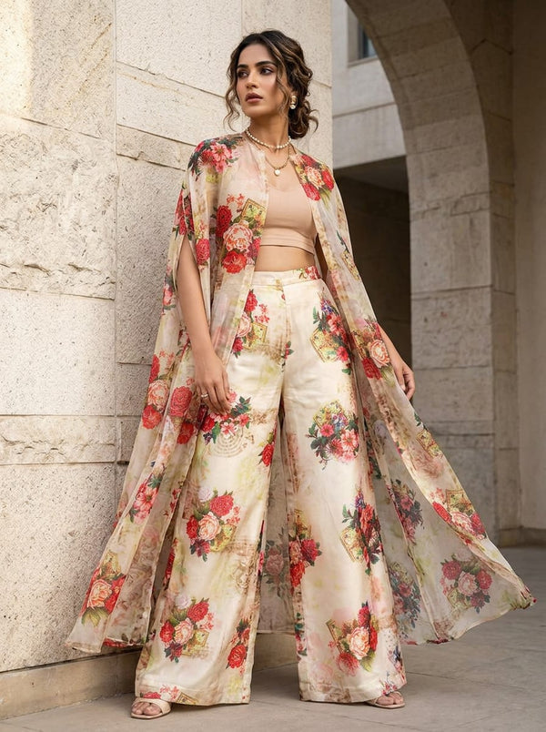Multicolor Vintage Floral Bouquet Organza Digital Printed Fabric - Cape with Palazzo Lookbook - OR-0-TA0101-110 - alternate view
