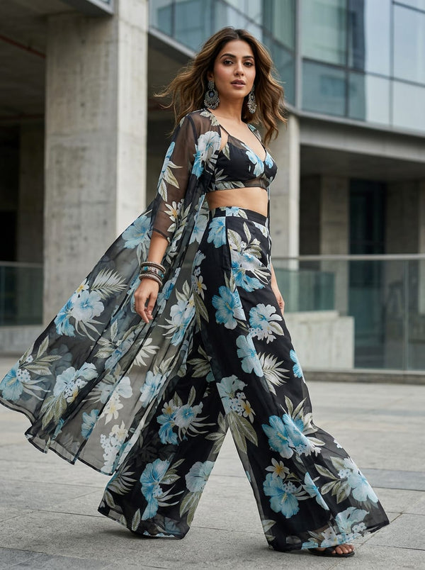 Black Tropical Hibiscus Floral Organza Digital Printed Fabric - Cape with Palazzo Lookbook - OR-0-TA0212-110 - alternate view