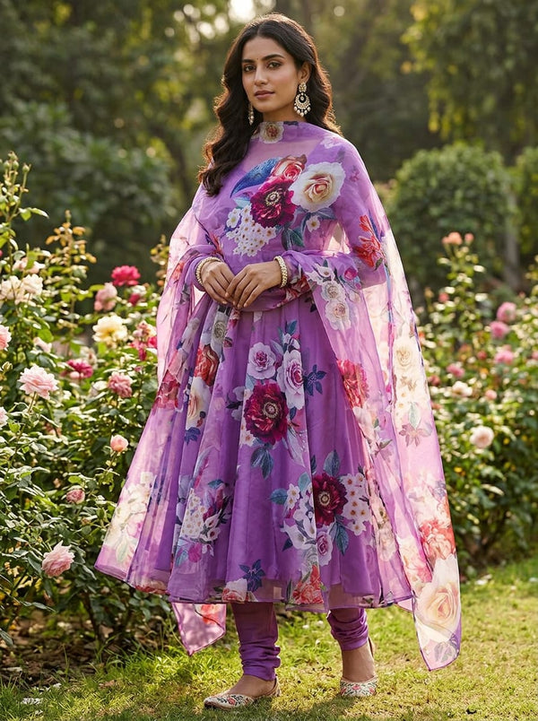 Purple Lush Garden Floral Bouquet Organza Digital Printed Fabric - Anarkali Kurta Set Lookbook - OR-0-TA0248-110 - alternate view