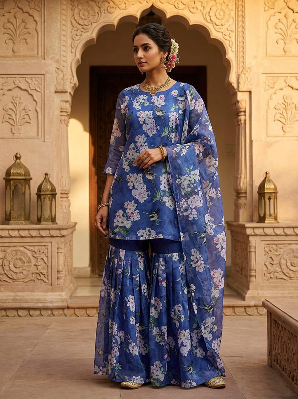 Blue Birds and Blossoms Floral Organza Digital Printed Fabric - Gharara Set Lookbook - OR-0-TA0327-110 - alternate view