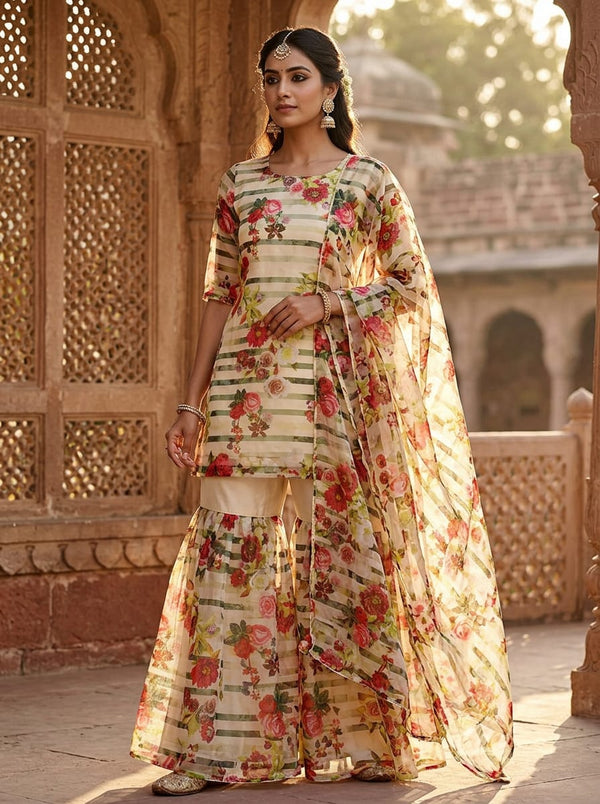Multicolor Watercolor Floral and Stripe Organza Digital Printed Fabric - Gharara Set Lookbook - OR-0-TA0497-110 - alternate view