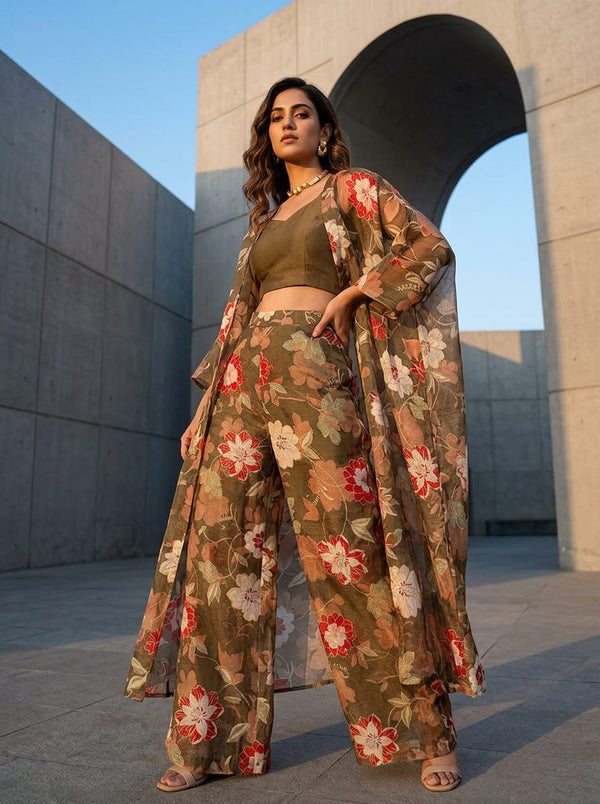Brown Earthy Vintage Floral Organza Digital Printed Fabric - Cape with Palazzo Lookbook - OR-0-TA05266-110 - alternate view