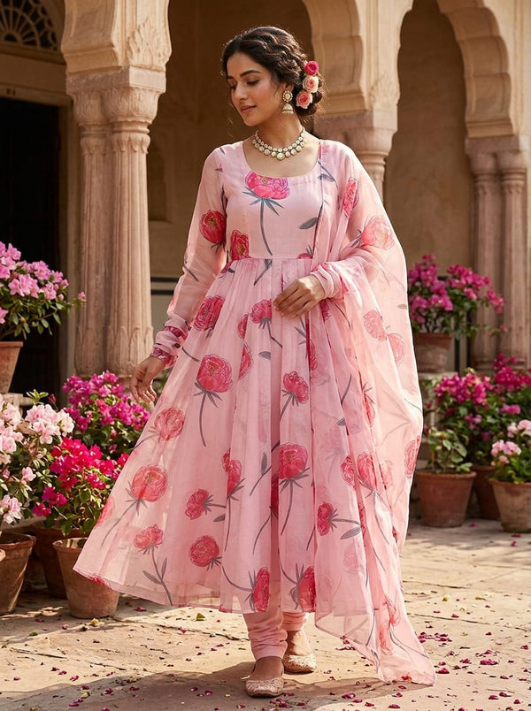 Pink Artistic Peony Floral Organza Digital Printed Fabric - Anarkali Kurta Set Lookbook - OR-0-TA05580-110 - alternate view
